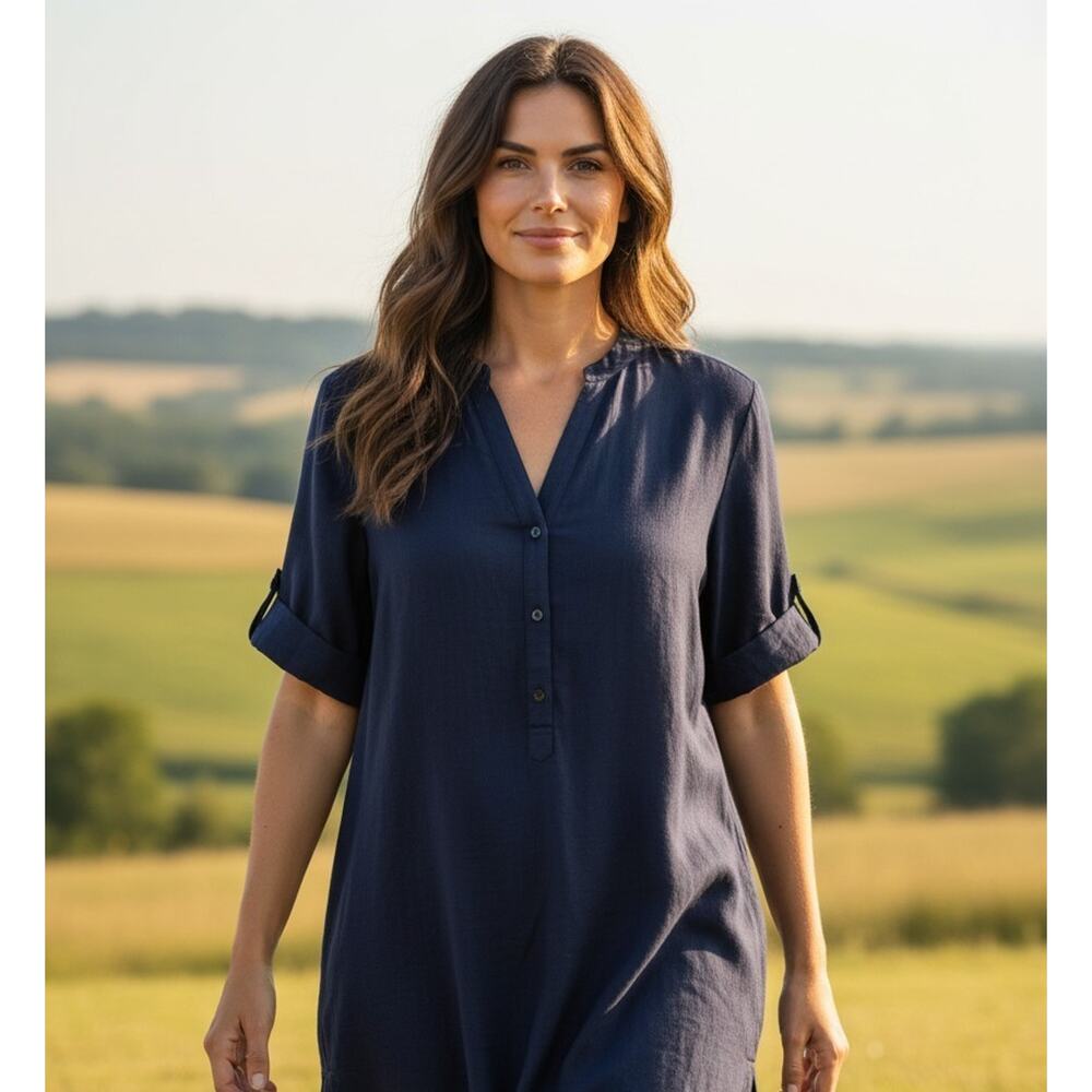 Chicos Tunic Top Womens 3 or XL Blue Button Front Short Sleeve Linen Blend Boho